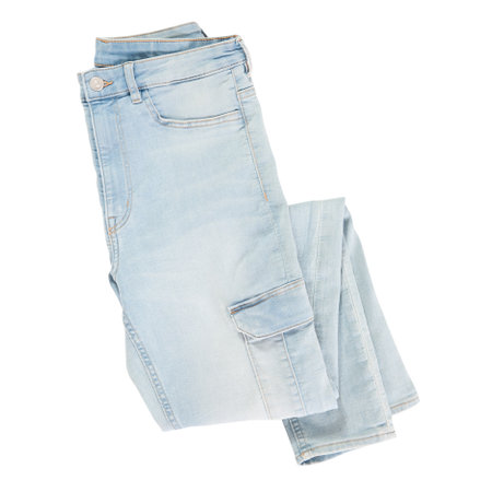 Folded blue jean isolated on white background, close up.の写真素材