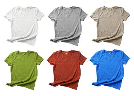 Set of six colored cotton t-shirts mockups isolated on whiteの写真素材