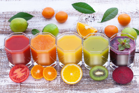 many colorful freshly squeezed juices and fruits on a wooden board top viewの写真素材