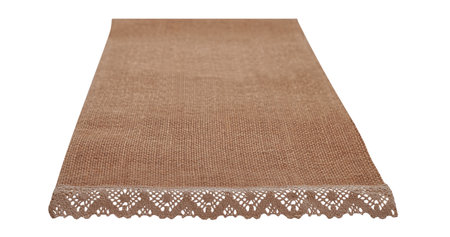 Canvas napkin with lace, natural burlap runner perspective isolated on white background. Can be used for display or installation product. selective focusの写真素材
