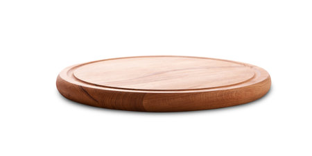 Top view and perspective of empty wood plate on white backgroundの写真素材