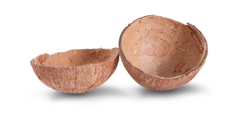 coconut empty shell with shadow top view isolated on whiteの写真素材