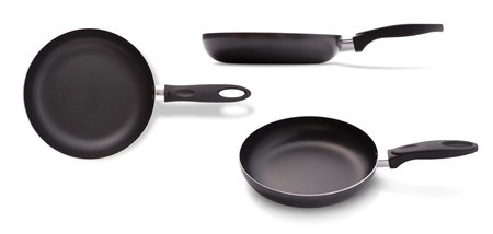 Set of different fry pans with shadow isolated on white background.の写真素材