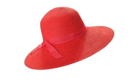 Pretty straw hat with ribbon and bow on white background. Beach hat top view isolatedの写真素材