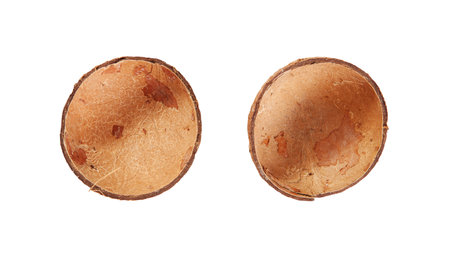 coconut empty shell top view isolated on white backgroundの写真素材