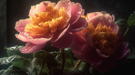 Beautiful bouquet of large flowers of pink peonies, after rain in the garden closeup, AI generativeの写真素材