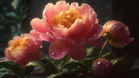 Beautiful bouquet of large flowers of pink peonies, after rain in the garden closeup, AI generativeの写真素材