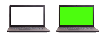Laptop blank screen on white background, mockup, template for your text, clipping paths included for background and device screen green and white. setの写真素材