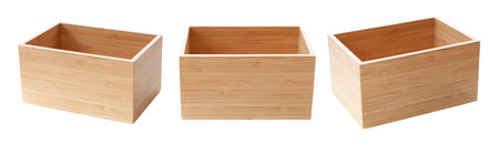 Empty rustic wooden box isolated on white. Different variants set. topの写真素材