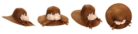 Beach hat top view isolated set. Pretty straw hats with ribbon and bow on white background.の写真素材