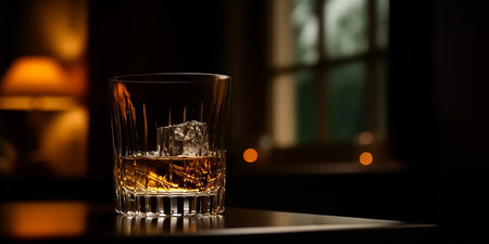 Glass of whiskey on the rocks with ice cubes on a dark background. AI generativeの写真素材