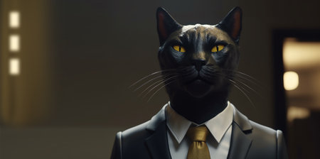 Portrait of a black cat in a suit with a tie.の素材