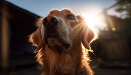 Golden Retriever dog looking at the sun in the morning.の素材