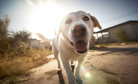 Labrador retriever dog running on the road in the sunset lightの素材