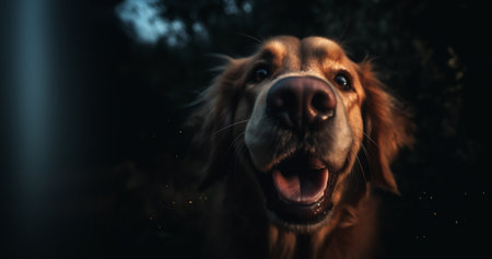 Beautiful golden retriever dog portrait in the forest at night.の素材