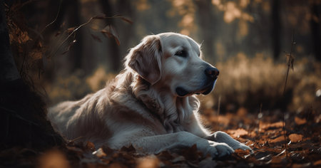 Golden Retriever in the autumn forest. Portrait of a dogの素材