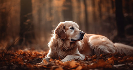 Golden Retriever lying in the autumn forest with fallen leaves.の素材