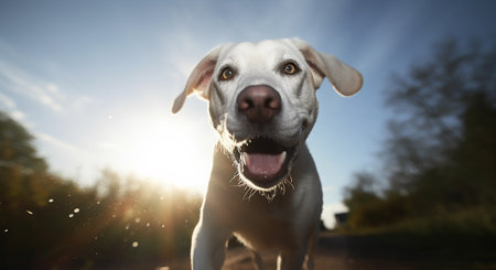 Labrador retriever dog portrait in sunny day with lens flare.の素材