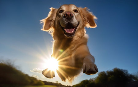 Golden Retriever dog jumping in the air with the sun in the backgroundの素材