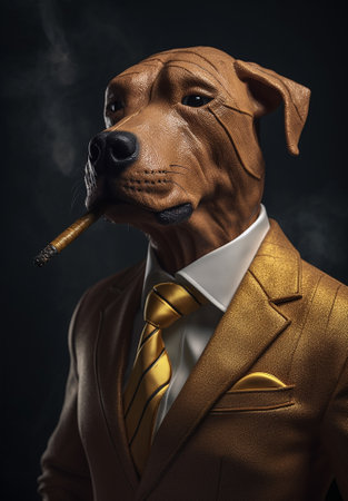 Portrait of a dog in a suit with a cigar in his mouth. Man with animal head art design. Generative AIの素材