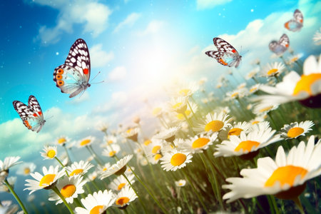 Chamomile field with daisies and butterfly. Nature blurred background, unusual angleの素材