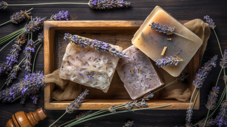 Natural handmade soap bars with lavender flowers on wooden background, top viewの素材