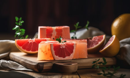 Slices of grapefruit and grapefruits on a cutting boardの素材