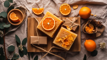 top view of natural handmade soap with orange slices on wooden board, flat layの素材
