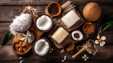 Spa still life with coconut oil, soap and sea salt on wooden backgroundの素材