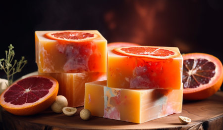 Handmade soap with citrus fruit on a wooden background. Selective focus.の素材