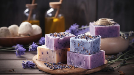 Homemade lavender soap with fresh lavender flowers on wooden backgroundの素材