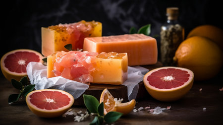 Variety of handmade soap bars with grapefruits on wooden backgroundの素材