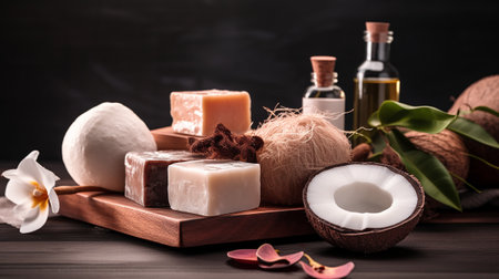 Spa still life with coconut oil and soap on a wooden background. wellness cosmetic conceptの素材