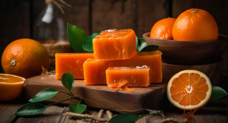 Handmade orange soap with fresh oranges and leaves on wooden background. Cozy atmospheric beautiful spa backgroundの素材