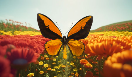 Butterfly in the flower meadow with red and yellow flowers. Generative Aiの素材