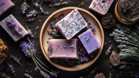 Homemade lavender soap with fresh lavender flowers on wooden backgroundの素材