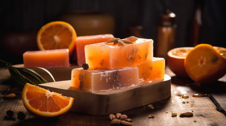 Handmade orange soap with fresh oranges and leaves on wooden background. Cozy atmospheric beautiful spa backgroundの素材