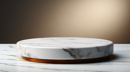 White marble podium on white marble table and brown background.の素材
