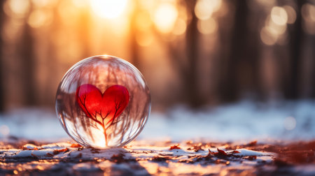 Valentine's day concept. Heart in a glass ball on the snow in the forest.の素材