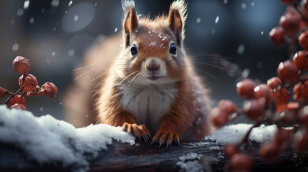 Cute red squirrel in the falling snow, winter in park macro shot.の素材