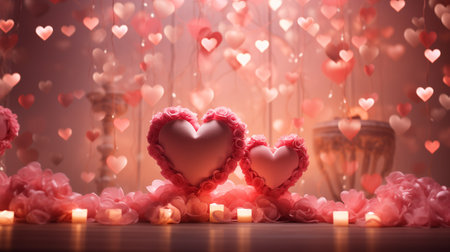 Valentines day background with red hearts on bokeh backgroundの素材