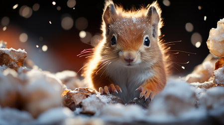 Cute red squirrel in the falling snow, winter in park macro shot.の素材