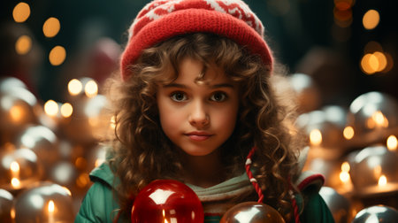 Portrait of beautiful girl with christmas red balls and candles outdoor on bokeh background. selective focus. Generative Aiの素材