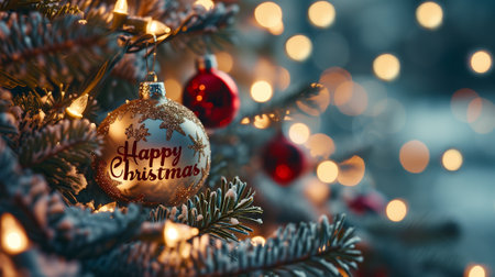 Christmas and New Year greeting card. Decorated Christmas tree on blurred bokeh backgroundの素材
