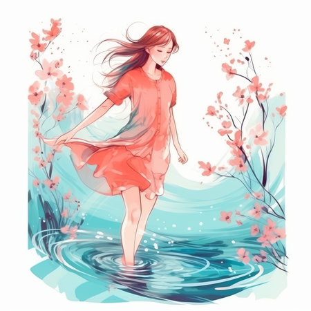 Girl in a red dress on a background of cherry blossoms. Young woman walks barefoot on the water in spring. Watercolor illustration.の素材
