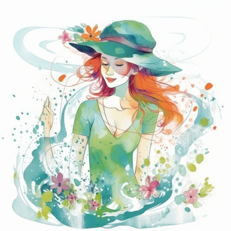 Beautiful young woman in hat with flowers and water drops. Watercolor illustration.の素材