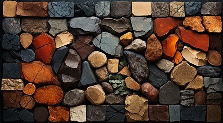 Colorful wood and bark assortment wall texture background with natural pattern for interior or exterior design.の素材