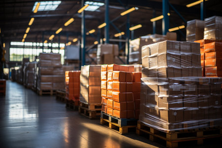 Warehouse interior with rows of pallets and boxes. Industrial backgroundの素材