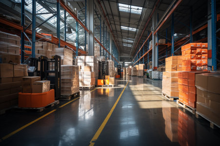 Forklift in warehouse. Warehouse interior with shelves and boxes.の素材
