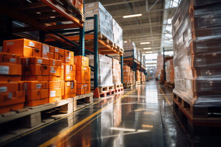 Warehouse or storehouse with rows of orange plastic boxes on shelvesの素材